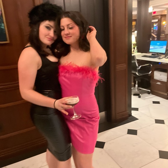 Boutique pink faux leather feather trimmed dress - Picture 6 of 6